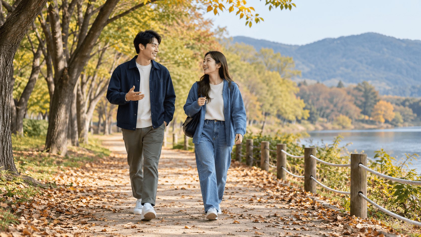 평지 산책로에서 대화하며 걷는 두 사람. · AI 생성 이미지