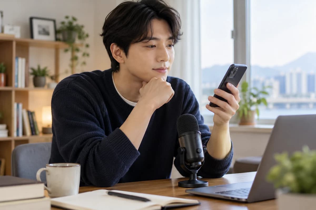 책상 위 마이크 옆에서 휴대전화의 음성 녹음을 듣는 사람.
