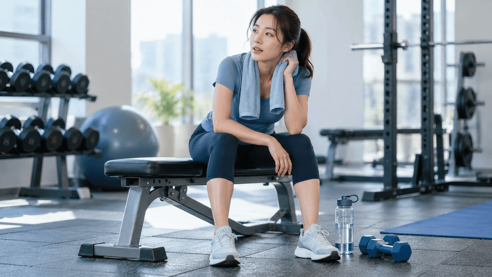운동 뒤 벤치에서 쉬는 사람과 물병·가벼운 중량. · AI 생성 이미지